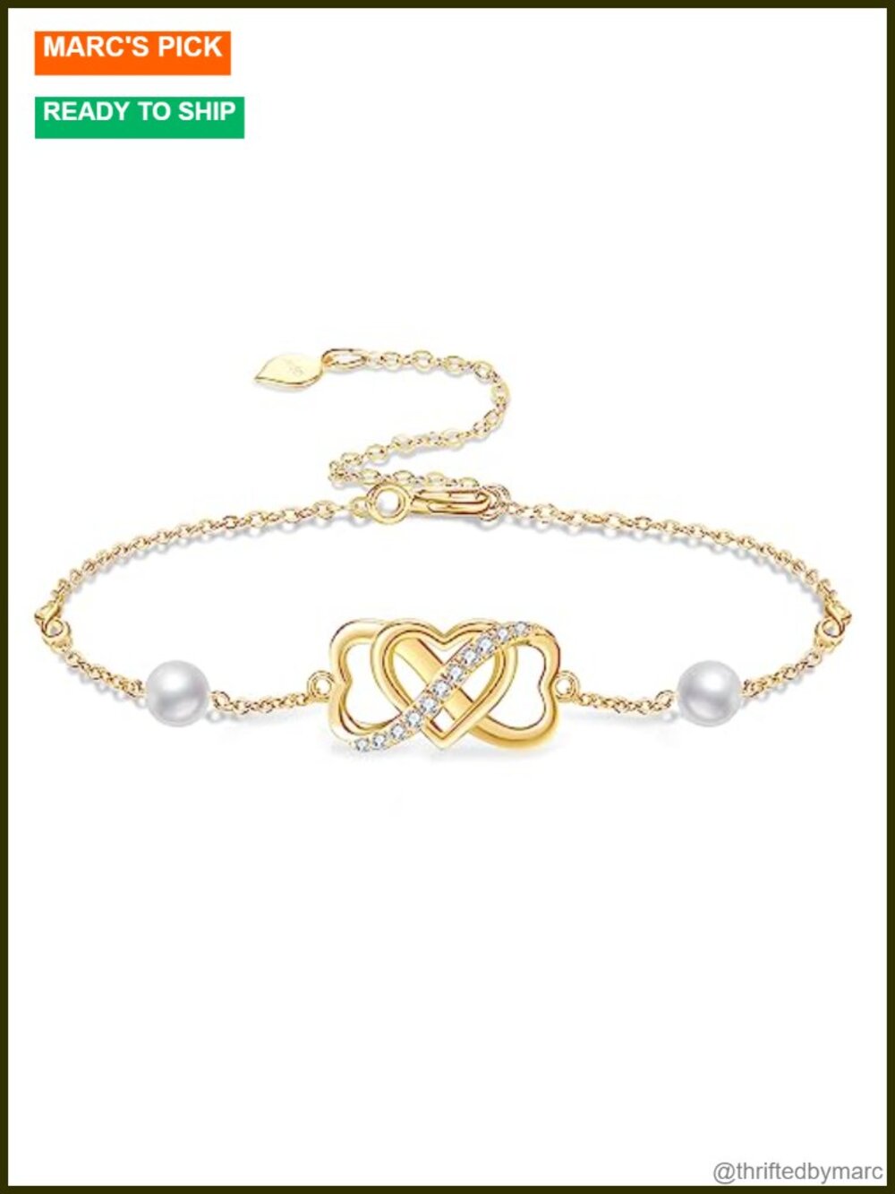 14k Solid Gold Dainty Bracelet Infinity Heart Freshwater Pearl Adjustable Gift